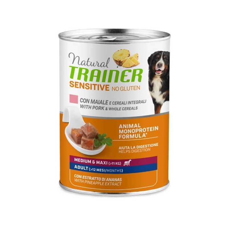 TRAINER Natural Sensitive No Gluten Medium et Maxi Adult avec Porc et Cereali 400 g. TRAINER Natural Sensitive No Gluten Medium et Maxi Adult avec Porc et Cereali 400 g.