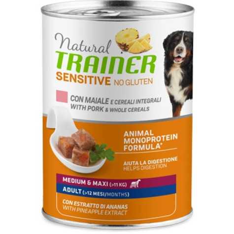 TRAINER Natural Sensitive No Gluten Medium et Maxi Adult avec Porc et Cereali 400 g.
