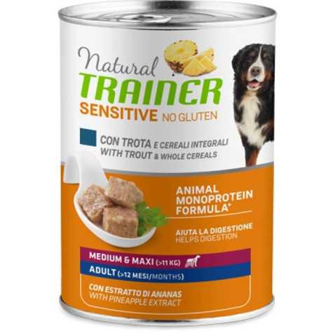 TRAINER Natural Sensitive No Gluten Medium et Maxi Adult avec Truite et Cereali 400 g.