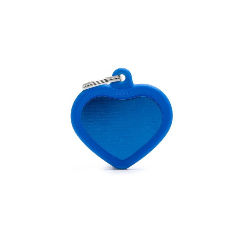 MY FAMILY Hushtag ID Tag Aluminum Blue Heart with Blue Rubber