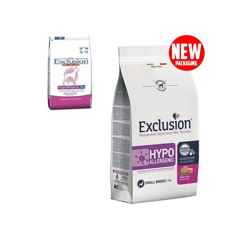 EXCLUSION Diet Hypoallergenic Small Breed Maiale e Piselli 2 kg.
