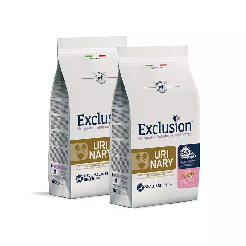 EXCLUSION Diet Urinary Adult Small Breed con Maiale, Sorgo e Riso 2 kg.