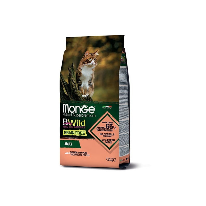 MONGE BWild Grain Free Adult avec Saumon et Petits pois 1,5 kg. MONGE BWild Grain Free Adult avec Saumon et Petits pois 1,5 kg.