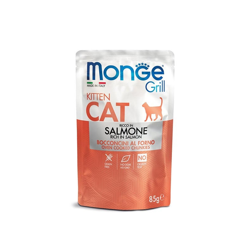 MONGE Grill Kitten Bocconcini in Jelly Riche en Saumon 85 g. MONGE Grill Kitten Bocconcini in Jelly Riche en Saumon 85 g.