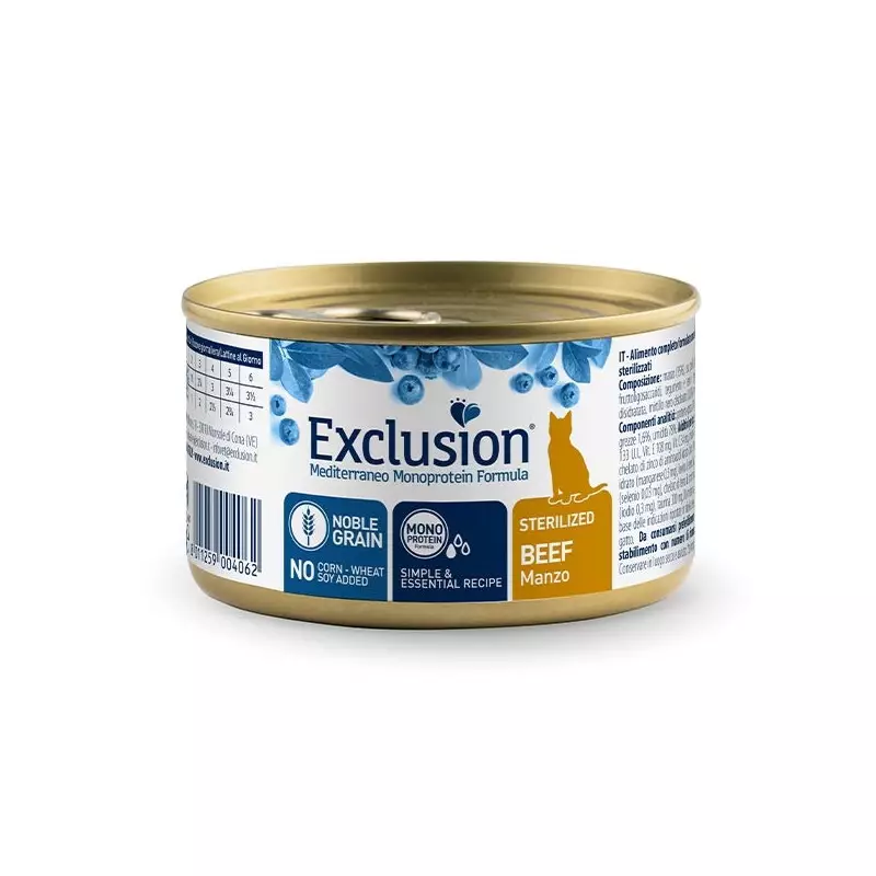 EXCLUSION Mediterraneo Monoprotein Sterilized Adult All Breeds Manzo 85 gr. EXCLUSION Mediterraneo Monoprotein Sterilized Adult All Breeds Manzo 85 gr.