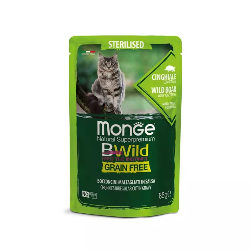 MONGE BWild Grain Free Bocconcini maltagliati in salsa Cinghiale con Ortaggi – Sterilised 85 gr.