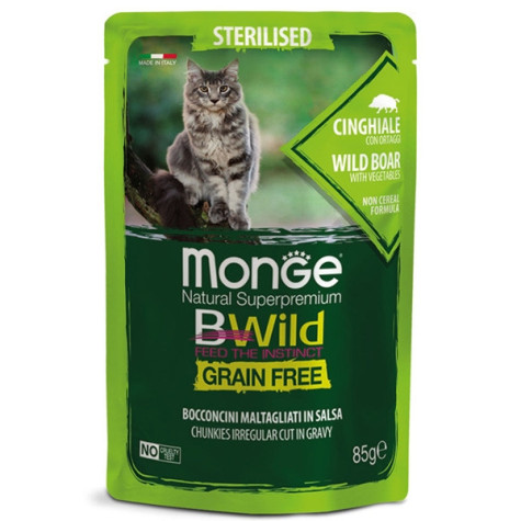 MONGE BWild Grain Free Bocconcini maltagliati en sauce Sanglier avec Ortaggi – Sterilised 85 g.