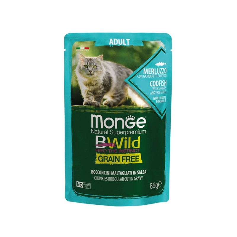 MONGE BWild Grain Free Bocconcini maltagliati en sauce di Cabillaud avec Crevettes et Ortaggi 85 g. MONGE BWild Grain Free Bocconcini maltagliati en sauce di Cabillaud avec Crevettes et Ortaggi 85 g.
