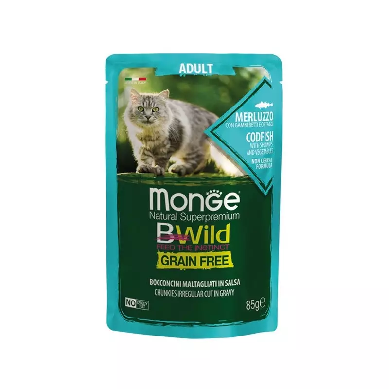 MONGE BWild Grain Free Maltagliati in Kabeljausauce mit Garnelen und Gemüse 85 gr.