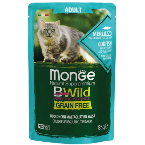 MONGE BWild Grain Free Bocconcini maltagliati en sauce di Cabillaud avec Crevettes et Ortaggi 85 g.