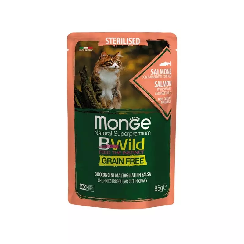 MONGE BWild Grain Free Bocconcini maltagliati in salsa Salmone con Gamberetti e Ortaggi – Sterilised 85 gr.