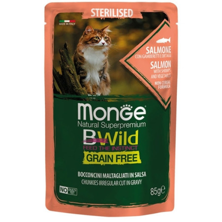 MONGE BWild Grain Free Bocconcini maltagliati in salsa Salmone con Gamberetti e Ortaggi – Sterilised 85 gr. - 