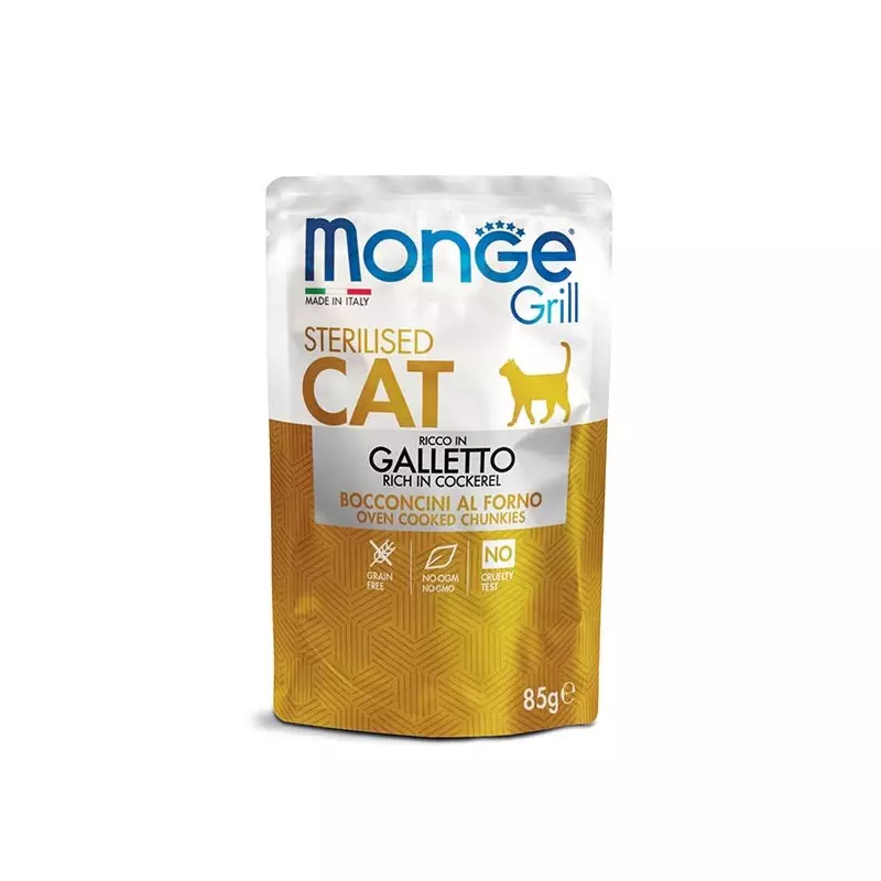 MONGE Grill Adult Sterilised Bocconcini in Jelly Ricco in Galletto 85 gr.