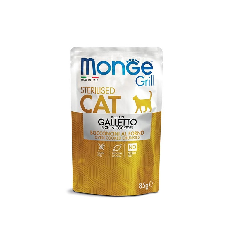 MONGE Grill Adult Sterilised Bocconcini in Jelly Riche en Galletto 85 g. MONGE Grill Adult Sterilised Bocconcini in Jelly Riche en Galletto 85 g.