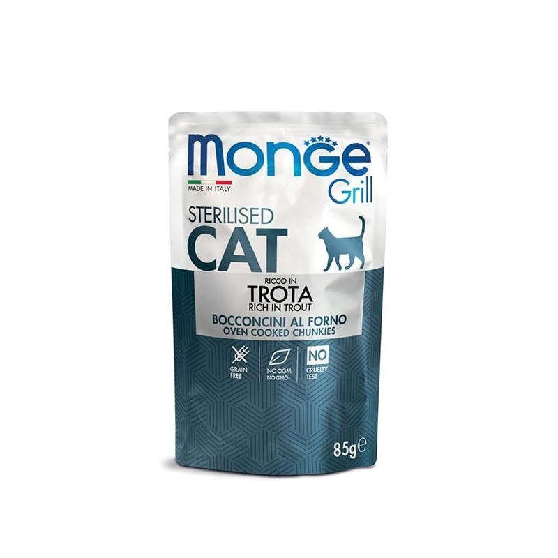 MONGE Grill Adult Sterilised Bocconcini in Jelly Riche en Truite 85 g. MONGE Grill Adult Sterilised Bocconcini in Jelly Riche en Truite 85 g.