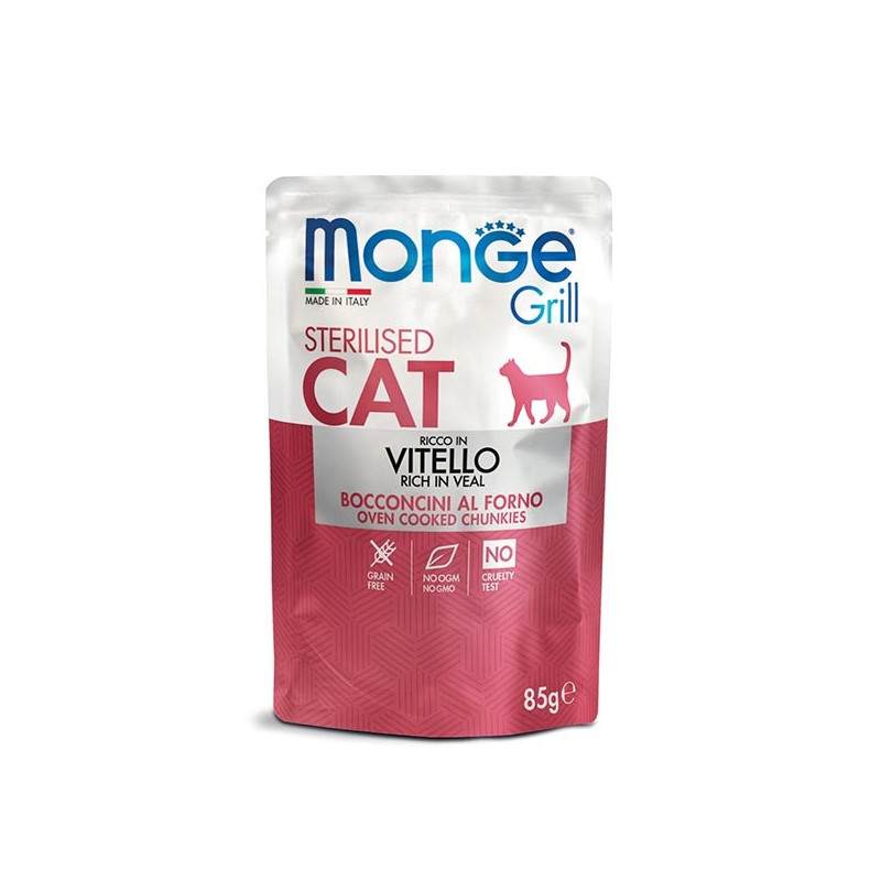 MONGE Grill Adult Sterilised Bocconcini in Jelly Riche en Veau 85 g. MONGE Grill Adult Sterilised Bocconcini in Jelly Riche en Veau 85 g.