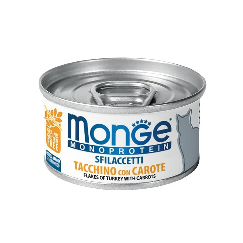 MONGE Monoprotéique Effilochés Pur Dinde avec Carottes 80 g. MONGE Monoprotéique Effilochés Pur Dinde avec Carottes 80 g.