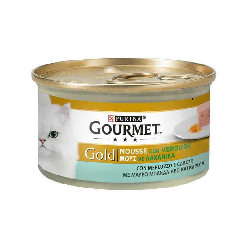PURINA Gourmet Gold Mousse avec Légumes Cabillaud et Carottes 85 g. PURINA Gourmet Gold Mousse avec Légumes Cabillaud et Carottes 85 g.