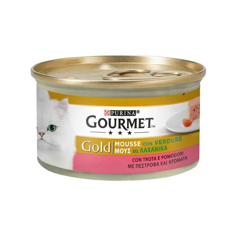 PURINA Gourmet Gold Mousse avec Légumes Truite et Pomodori 85 g. PURINA Gourmet Gold Mousse avec Légumes Truite et Pomodori 85 g.