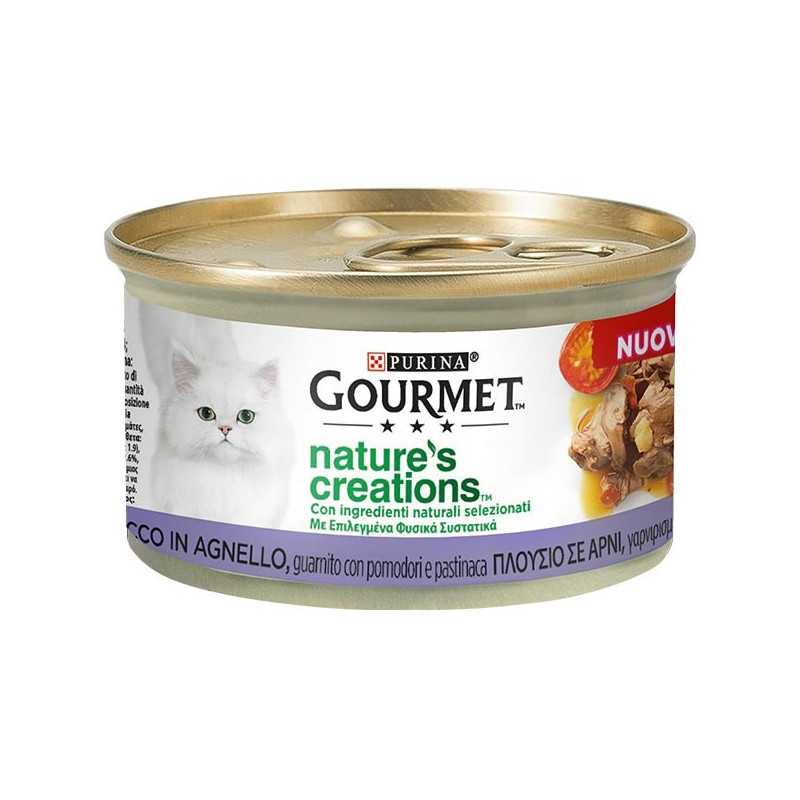 PURINA Gourmet Nature's Creations, Riche en Agneau, Guarnito avec Pomodori et Panais 85 g. PURINA Gourmet Nature's Creations, Riche en Agneau, Guarnito avec Pomodori et Panais 85 g.