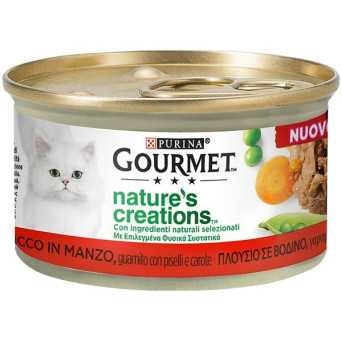 PURINA Gourmet Nature's Creations, Ricco in Manzo, Guarnito Piselli e Carote 85 gr. -