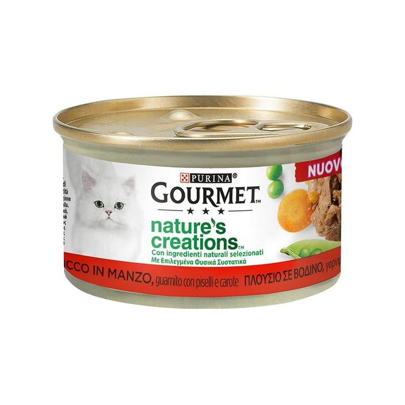 PURINA Gourmet Nature's Creations, Rich in Beef, Garnished with Peas and Carrots 85 gr.