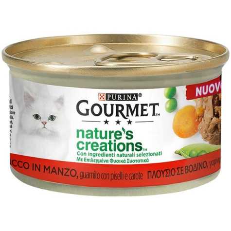 PURINA Gourmet Nature's Creations, Ricco in Manzo, Guarnito Piselli e Carote 85 gr. -