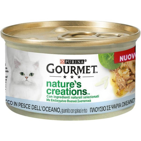 PURINA Gourmet Nature's Creations, Ricco in Pesce dell'Oceano, Guarnito Spinaci e Riso 85 gr. - 