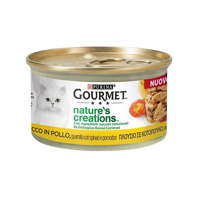 PURINA Gourmet Nature's Creations, Riche en Poulet, Guarnito Spinaci et Pomodoro 85 g. PURINA Gourmet Nature's Creations, Riche en Poulet, Guarnito Spinaci et Pomodoro 85 g.