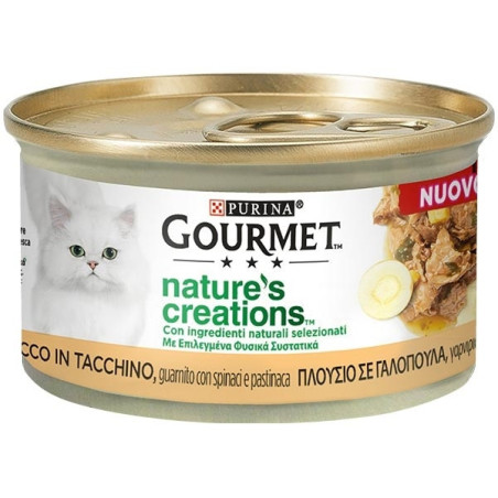 PURINA Gourmet Nature's Creations, Ricco in Tacchino, Guarnito Spinaci e Pastinaca 85 gr. - 