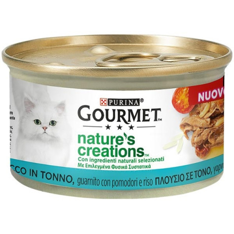 PURINA Gourmet Nature's Creations, Ricco in Tonno, Guarnito Pomodori e Riso 85 gr. -