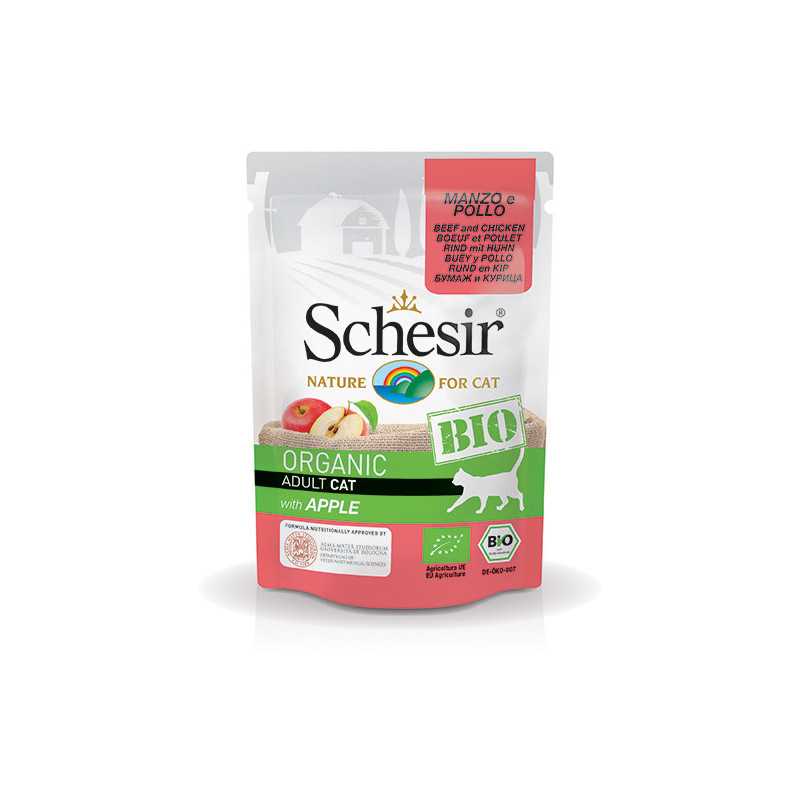 SCHESIR Bio Organic Adult Cat Bœuf et Poulet avec Pomme 85 g. SCHESIR Bio Organic Adult Cat Bœuf et Poulet avec Pomme 85 g.