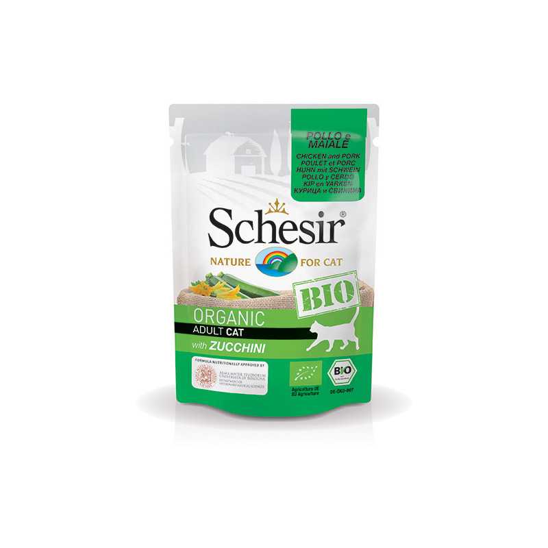 SCHESIR Bio Organic Adult Cat Poulet et Porc avec Courgettes 85 g. SCHESIR Bio Organic Adult Cat Poulet et Porc avec Courgettes 85 g.