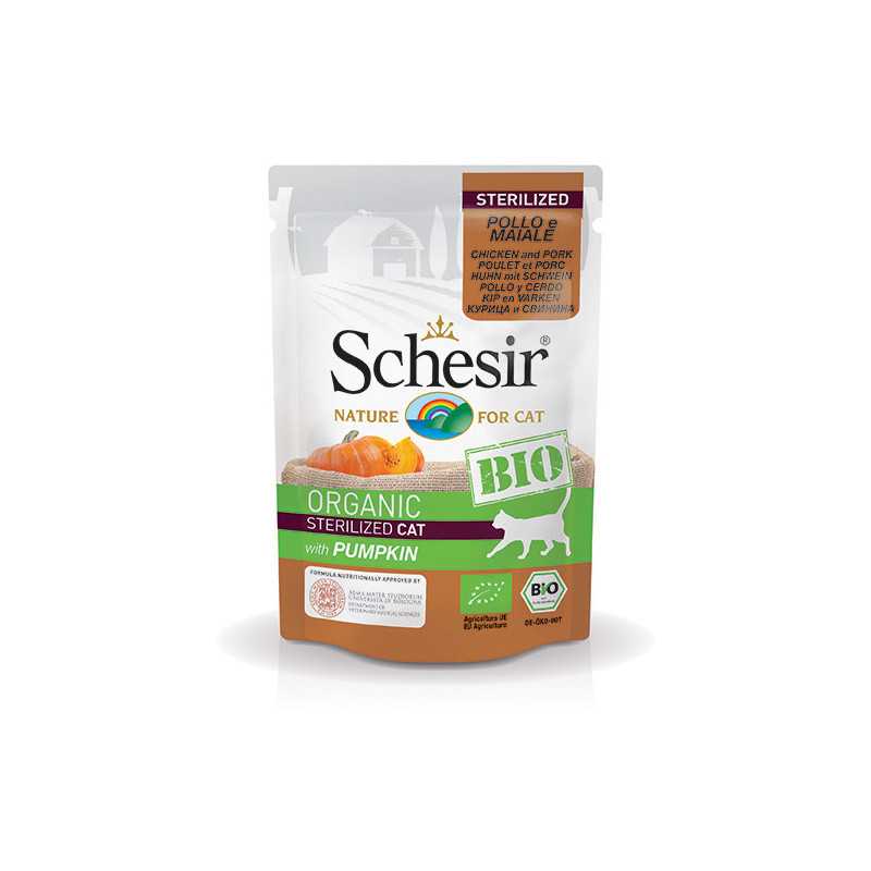 SCHESIR Bio Organic Adult Sterilized Poulet et Porc avec Citrouille 85 g. SCHESIR Bio Organic Adult Sterilized Poulet et Porc avec Citrouille 85 g.