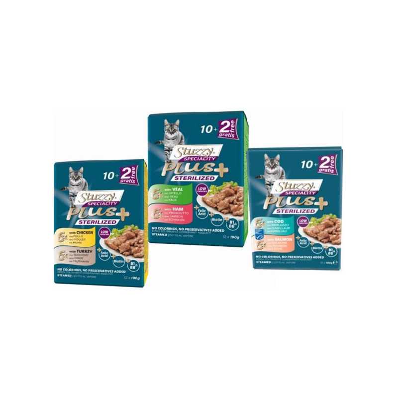 STUZZY CAT Speciality Plus Sterilized avec Cabillaud et Saumon (12 sachets 100 g.)