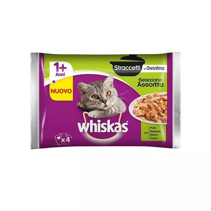 WHISKAS Straccetti in Gelatina Selezione Assortita (4 bustine da 85 gr.) WHISKAS Straccetti in Gelatina Selezione Assortita (4 bustine da 85 gr.)