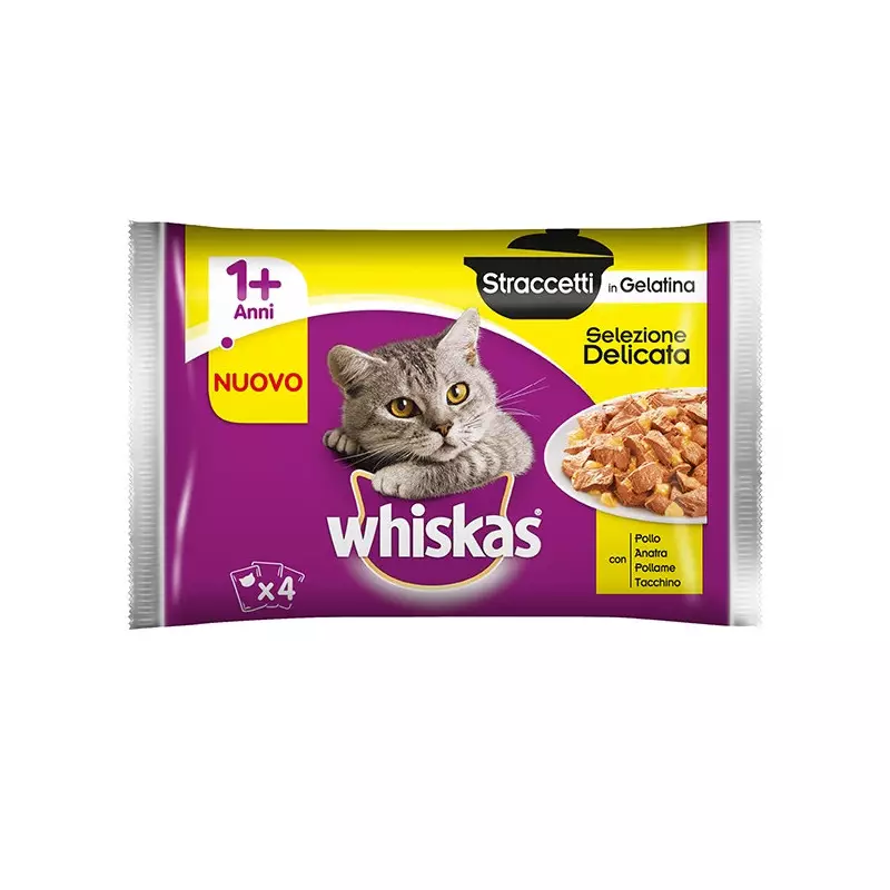 WHISKAS Straccetti in Gelatina Selezione Delicata (4 bustine da 85 gr.) WHISKAS Straccetti in Gelatina Selezione Delicata (4 bustine da 85 gr.)