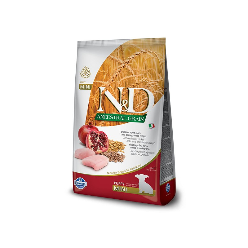 FARMINA N et D LOW GRAIN Chien puppy mini épeautre avoine poulet et grenade 2,5 kg