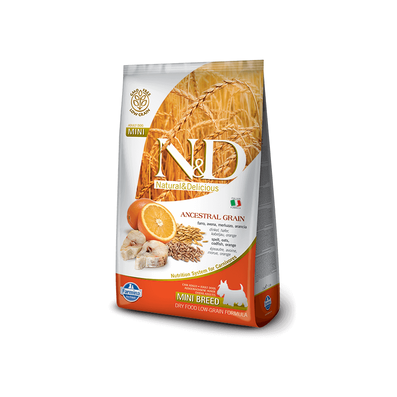 Farmina n et d low grain Chien mini épeautre avoine cabillaud arancia 7 kg Farmina n et d low grain Chien mini épeautre avoine cabillaud arancia 7 kg