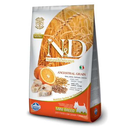 Farmina n&d low grain cane mini farro avena merluzzo arancia 7 kg - 