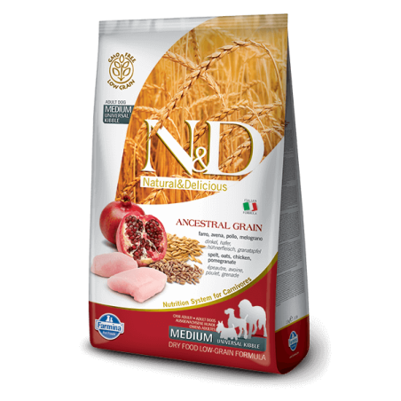 Farmina n&d low grain cane medio farro avena pollo e melograno 800 g - 