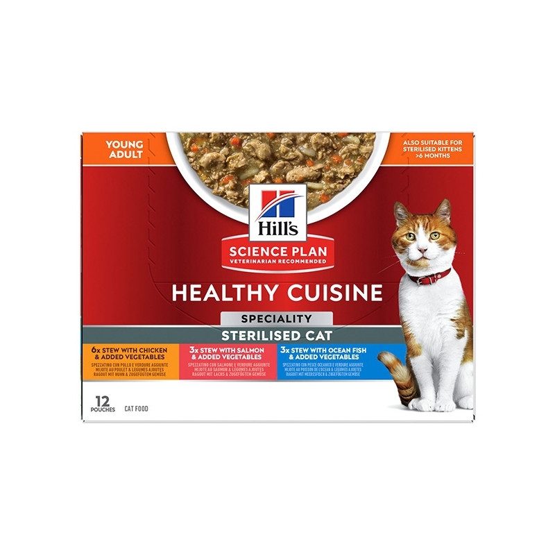 Hill's Pet Nutrition - Science Plan Healthy Cuisine Sterilised Cat Adult Spezzatini con Pollo Salmone e Pesce Oceanico 12x80