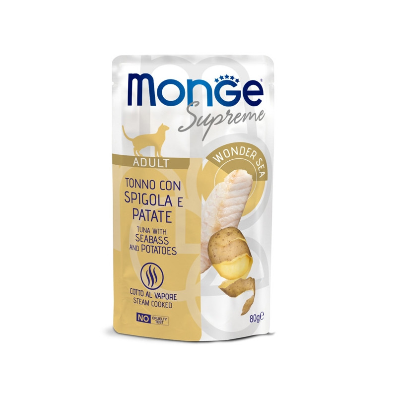 Monge - Supreme Adult Bouchées di Thon avec Bar et Pommes de terre 80 g. Monge - Supreme Adult Bouchées di Thon avec Bar et Pommes de terre 80 g.