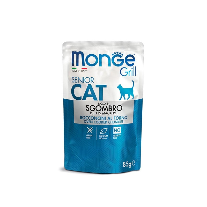 Monge - Grill Senior Bocconcini in Jelly Riche en Sgombro 85 g. Monge - Grill Senior Bocconcini in Jelly Riche en Sgombro 85 g.