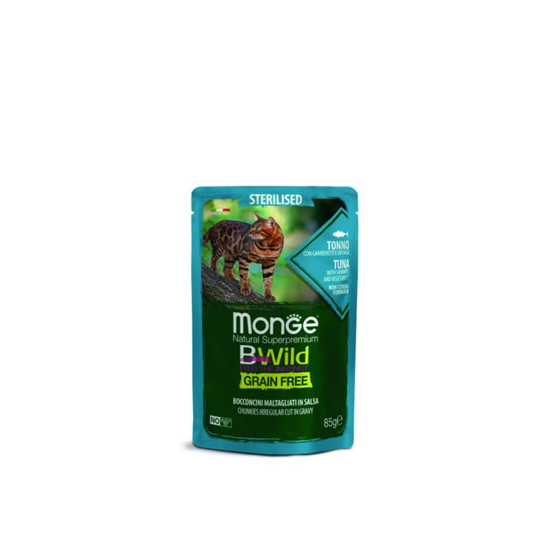 Monge - BWild Grain Free Bocconcini maltagliati en sauce di Thon avec Crevettes et Ortaggi – Sterilised