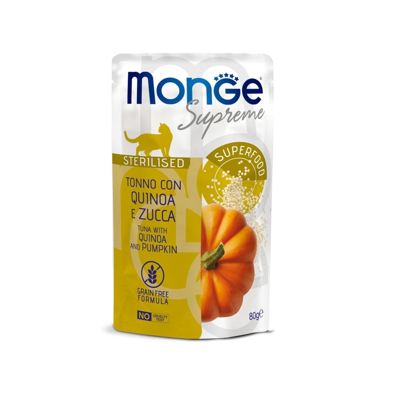 Monge - Supreme Sterilised Adult Bouchées di Thon avec Quinoa et Citrouille 80 g. Monge - Supreme Sterilised Adult Bouchées di Thon avec Quinoa et Citrouille 80 g.