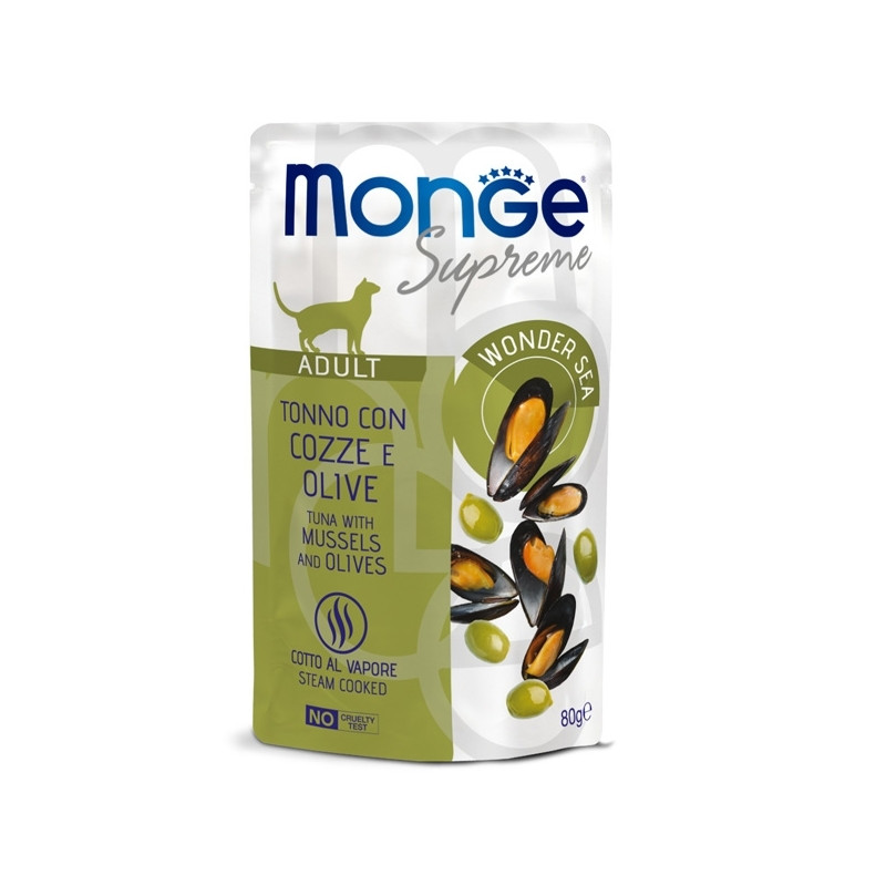 Monge - Supreme Adult Bouchées di Thon avec Cozze et Olive 80 g. Monge - Supreme Adult Bouchées di Thon avec Cozze et Olive 80 g.