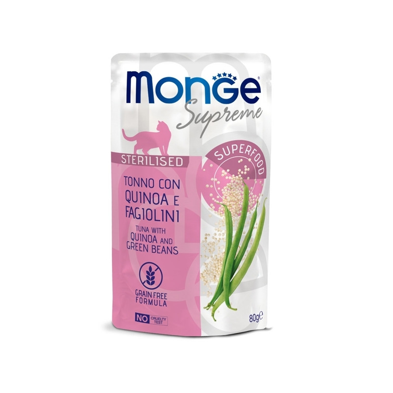 Monge - Supreme Sterilised Adult Bouchées di Thon avec Quinoa et Fagiolini 80 g. Monge - Supreme Sterilised Adult Bouchées di Thon avec Quinoa et Fagiolini 80 g.