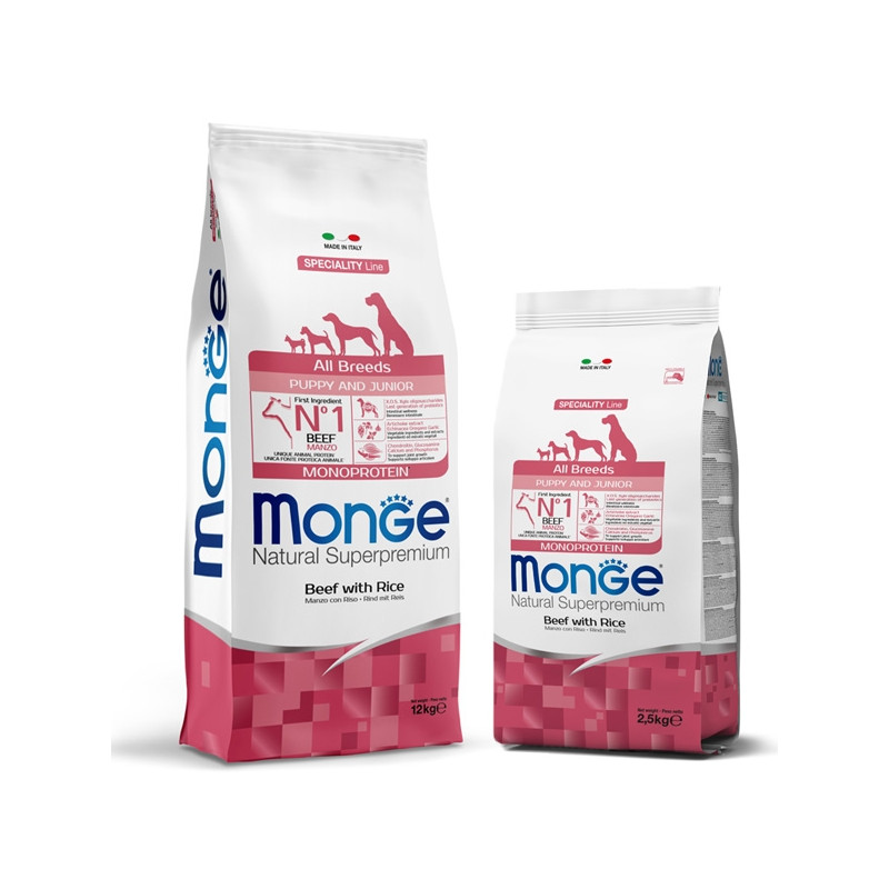 Monge - Natural Superpremium All Breeds Puppy et Junior Monoprotein Bœuf et Riz 2,5 KG. Monge - Natural Superpremium All Breeds Puppy et Junior Monoprotein Bœuf et Riz 2,5 KG.