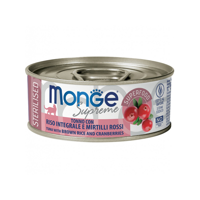 Monge - Supreme sterilisierter Thunfisch für ausgewachsene Katzen, brauner Reis und Preiselbeeren, 80 g.